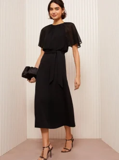 Friends Like These Black Scuba Chiffon Flutter Sleeve Midi Dress