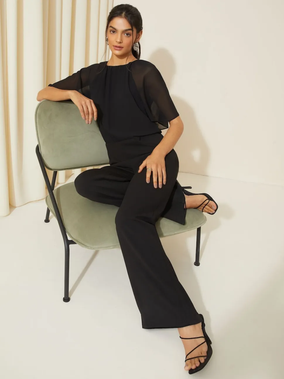 Friends Like These Black Chiffon Flutter Sleeve Scuba Jumpsuit