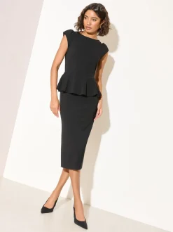 Friends Like These Black Cap Sleeve Peplum Waist Midi Dress