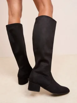 Friends Like These Black Wide Fit Low Block Heel Faux Suede Knee High Sock Boots