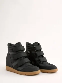 Friends Like These Black Faux Leather Velcro High Top Wedge Casual Trainers
