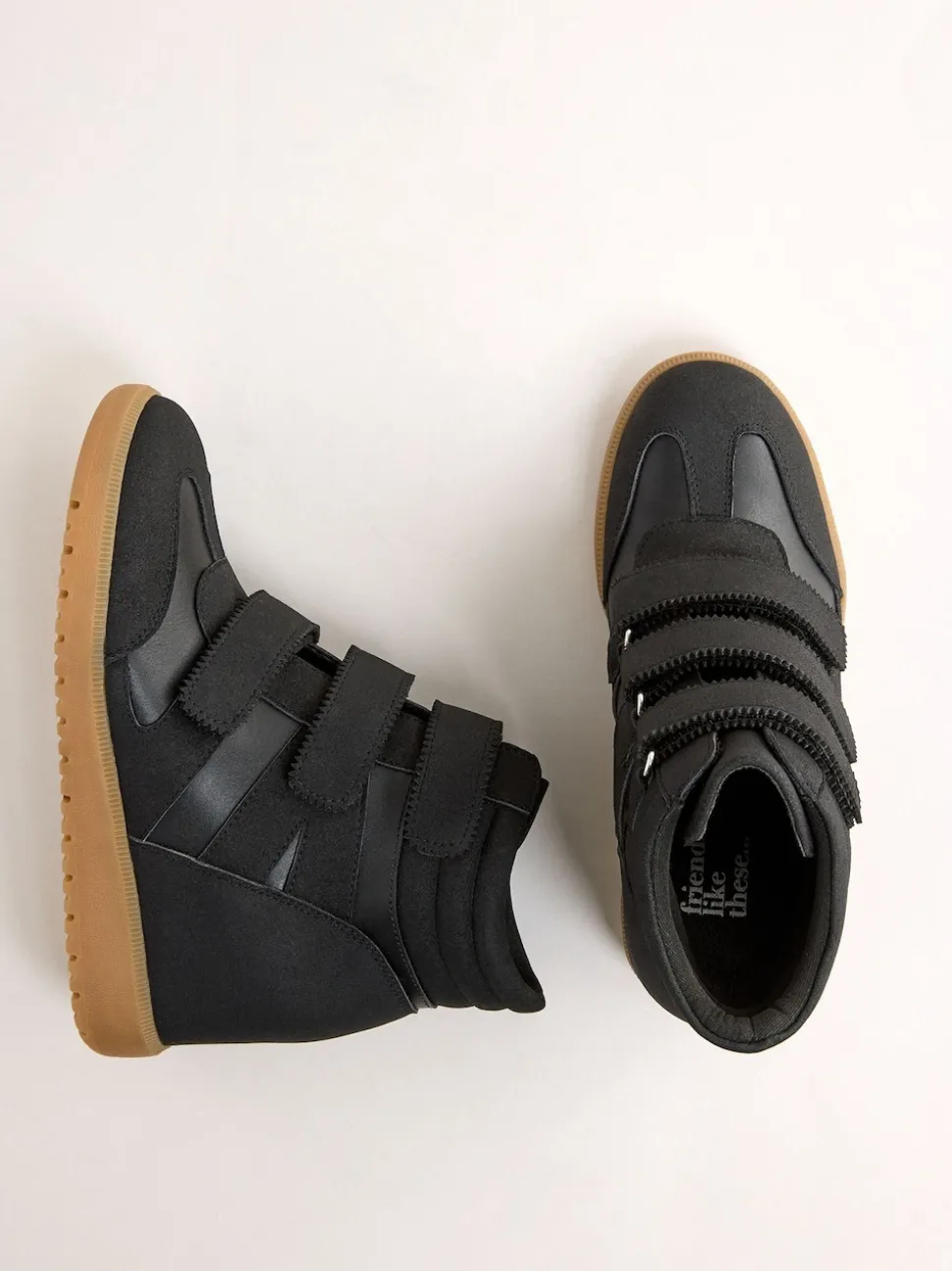Friends Like These Black Faux Leather Velcro High Top Wedge Casual Trainers