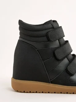 Friends Like These Black Faux Leather Velcro High Top Wedge Casual Trainers
