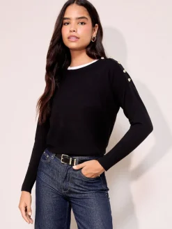 Friends Like These Black Petite Button Shoulder Jumper