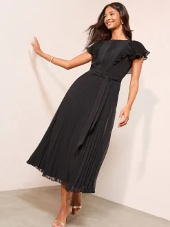 Friends Like These Black Chiffon Pleated Lace Insert Midi Dress
