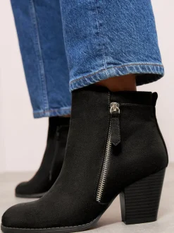 Friends Like These Black Wide Fit Stacked Heel Faux Suede Cuban Ankle Boots