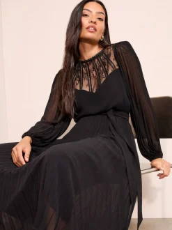 Friends Like These Black Petite Lace Yoke Long Sleeve Pleated Chiffon Midi Dress