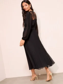 Friends Like These Black Petite Lace Yoke Long Sleeve Pleated Chiffon Midi Dress