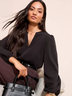 Friends Like These Black Long Sleeve Pleat Front Detail Blouse