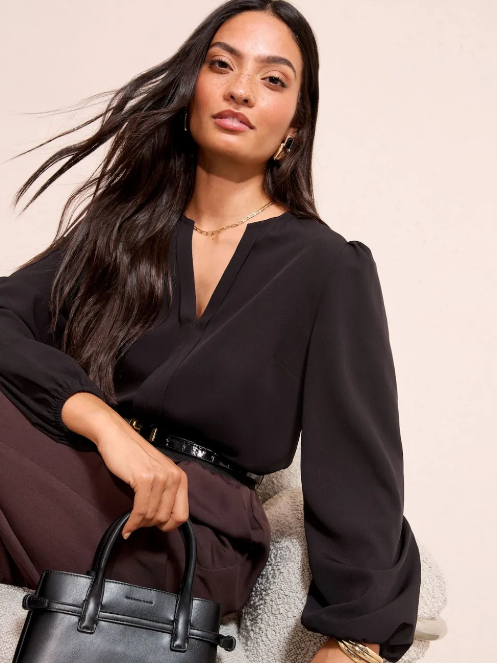 Friends Like These Black Long Sleeve Pleat Front Detail Blouse