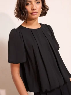 Friends Like These Black Short Sleeve Bubble Hem Pleated Blouse