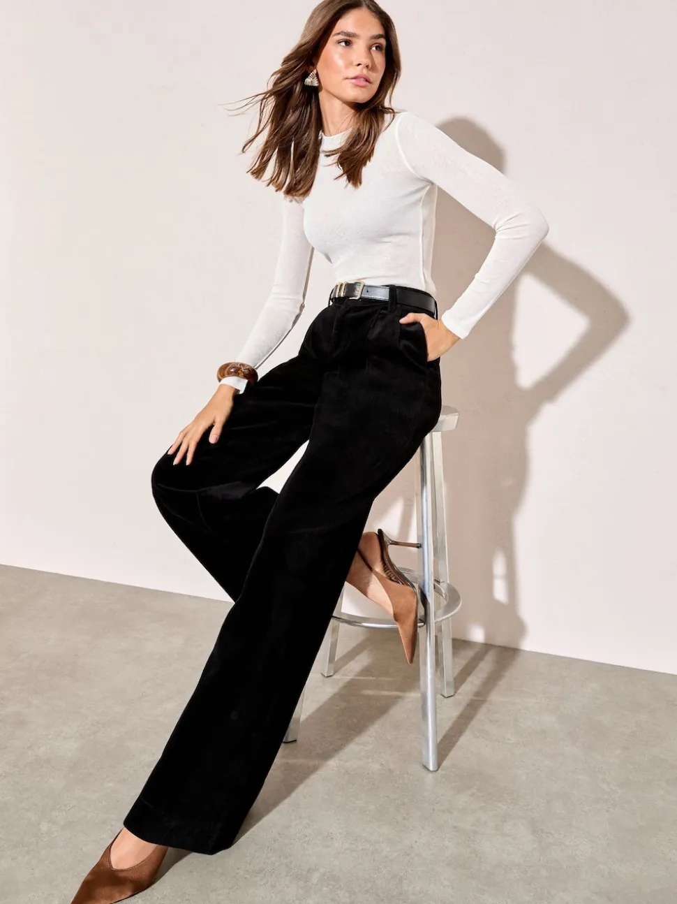 Friends Like These Black Corduroy Pleat Front Wide Leg Trousers