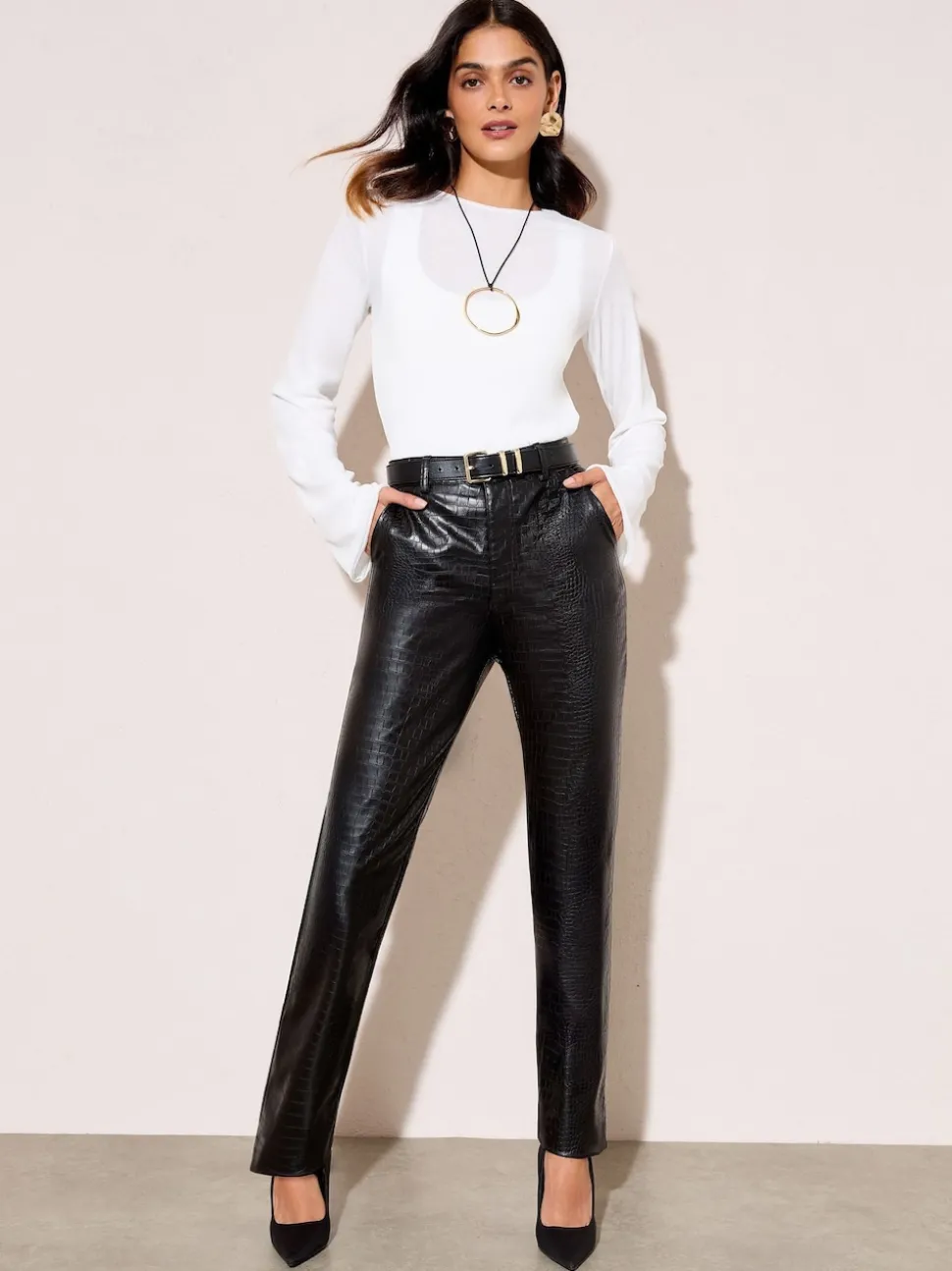 Friends Like These Black/Animal Faux Leather Straigh Leg Trousers