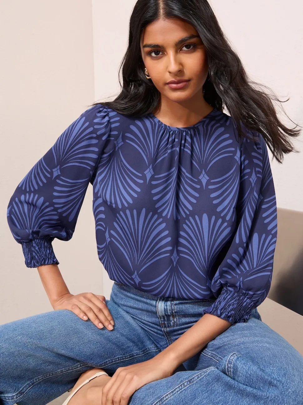 Friends Like These Blue Fan Print 3/4 Sleeve Shirred Cuff Blouse