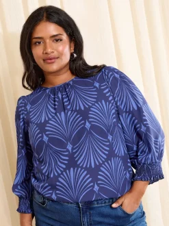 Friends Like These Blue Fan Print Curve 3/4 Sleeve Shirred Cuff Blouse