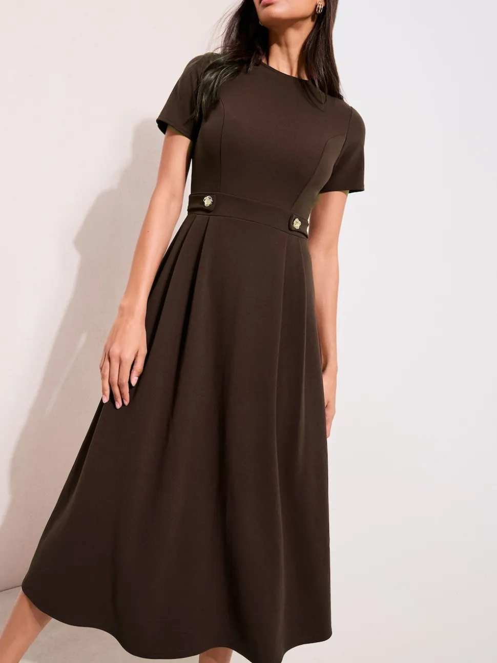 Friends Like These Brown Tab Detail Short Sleeve Midi Tailored Dress
