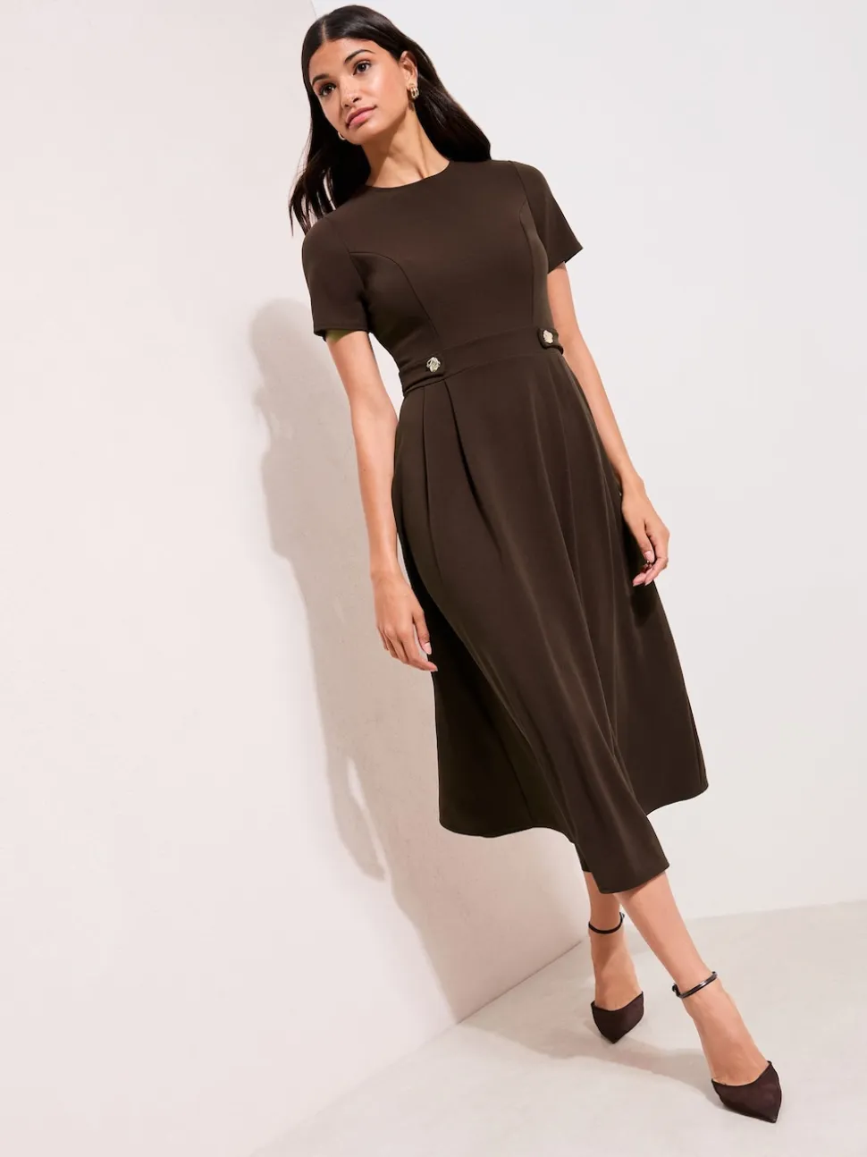 Friends Like These Brown Tab Detail Short Sleeve Midi Tailored Dress