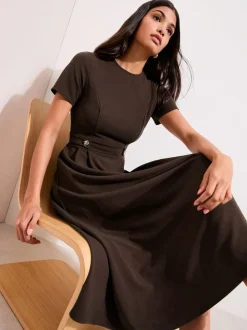 Friends Like These Brown Tab Detail Short Sleeve Midi Tailored Dress