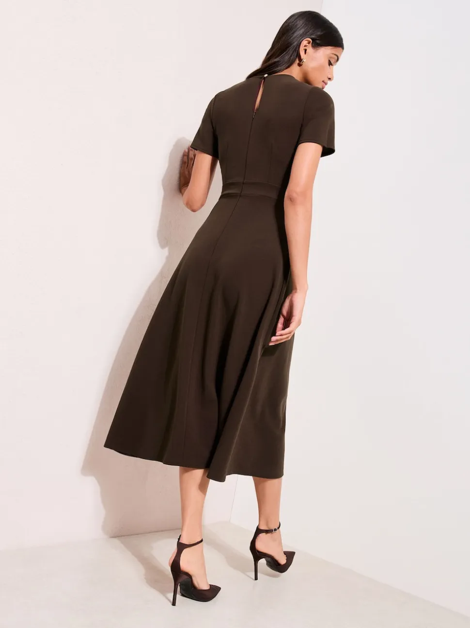 Friends Like These Brown Tab Detail Short Sleeve Midi Tailored Dress