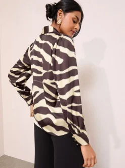 Friends Like These Brown Zebra Print Long Sleeve Button Detail Collared Blouse