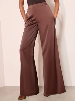 Friends Like These Brown Super Wide Leg Satin Trousers