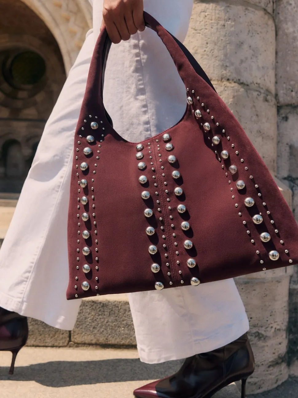 Friends Like These Burgundy Red Studded Slouchy Tote Bag