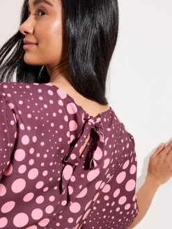 Friends Like These Burgundy Spot Short Sleeve Tie Back Blouse
