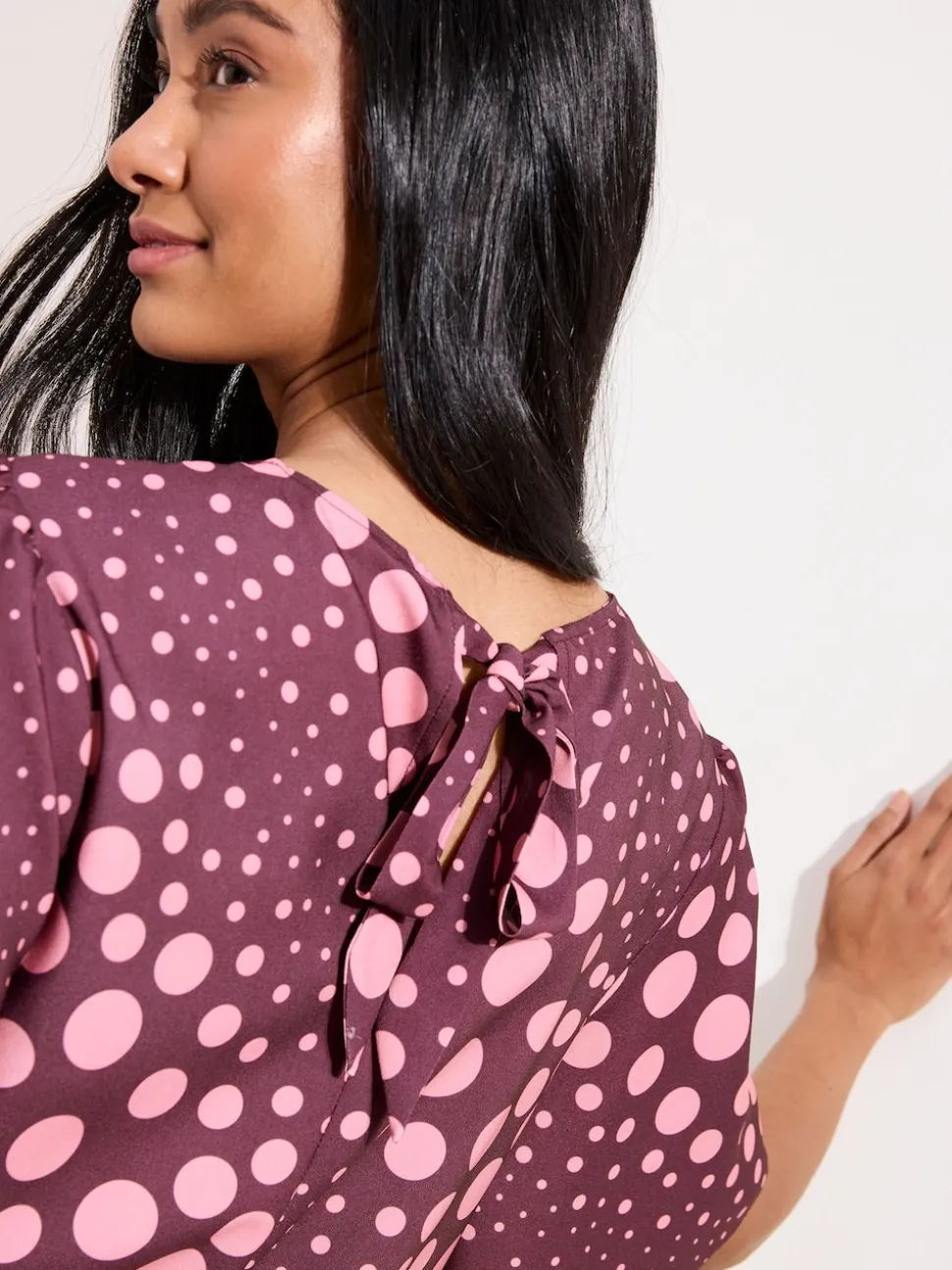 Friends Like These Burgundy Spot Short Sleeve Tie Back Blouse