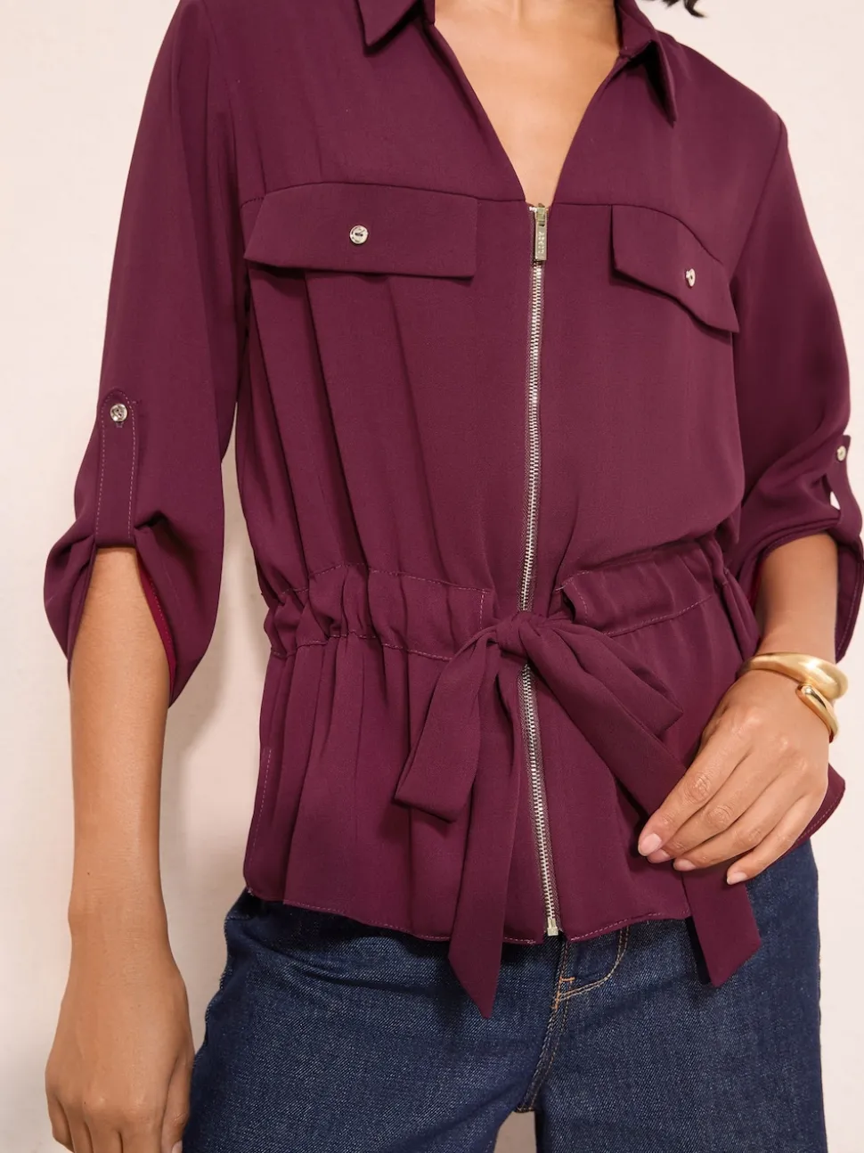 Friends Like These Burgundy Utility Style Tie Waist Shirt