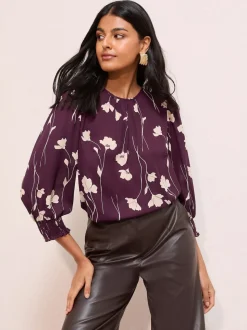 Friends Like These Burgundy Floral Print 3/4 Sleeve Shirred Cuff Blouse