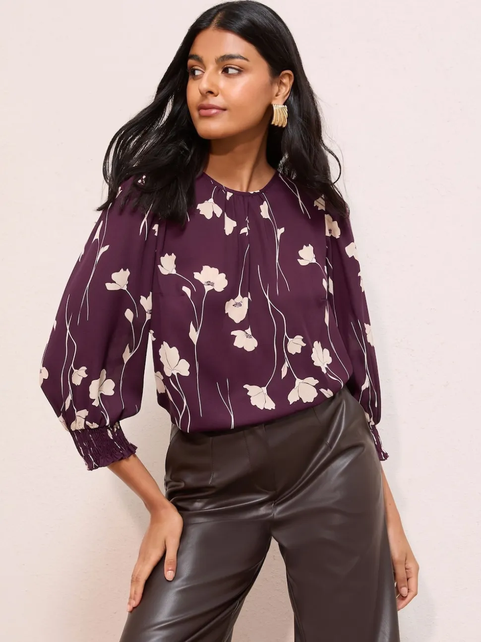 Friends Like These Burgundy Floral Print 3/4 Sleeve Shirred Cuff Blouse