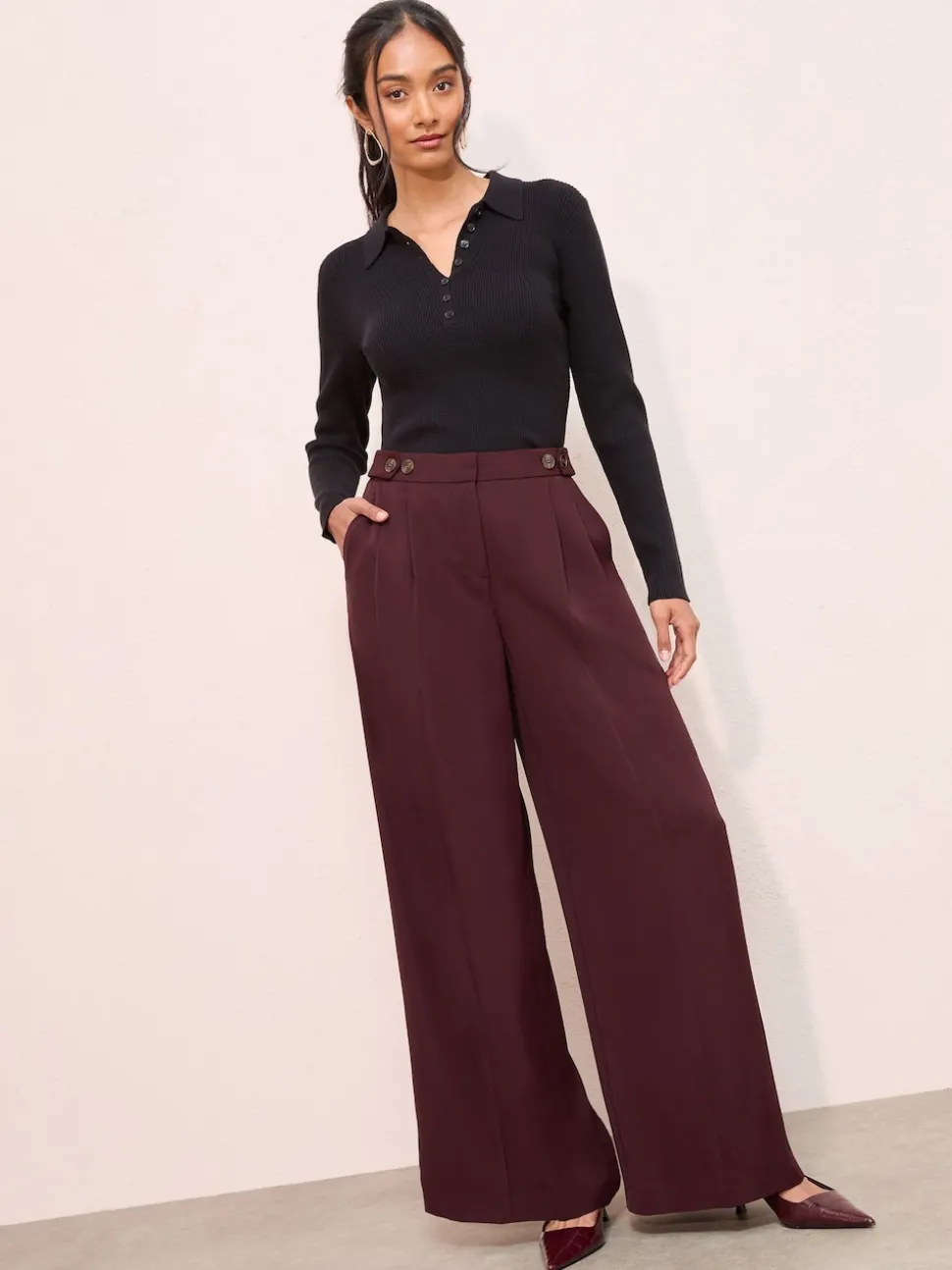 Friends Like These Burgundy Adjustable Waist Premium Wide Leg Trousers