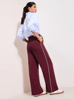 Friends Like These Burgundy Red Petite Crochet Trim Wide Leg Trousers