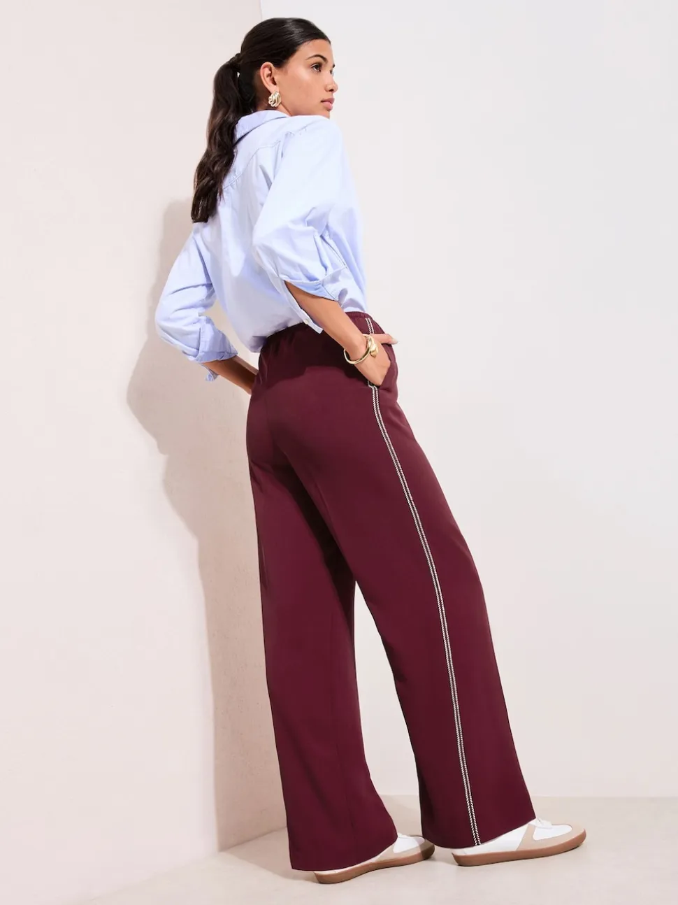 Friends Like These Burgundy Red Petite Crochet Trim Wide Leg Trousers