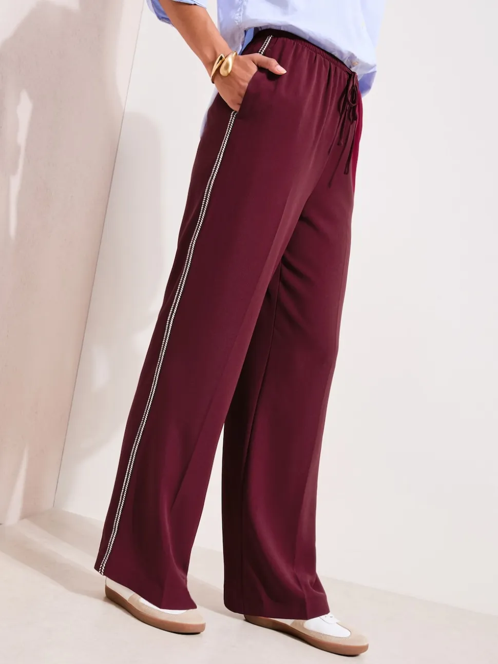 Friends Like These Burgundy Red Petite Crochet Trim Wide Leg Trousers