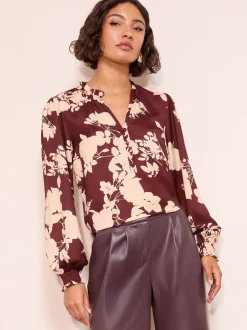 Friends Like These Burgundy Floral Long Sleeve V-Neck Button Front Blouse