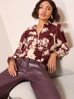Friends Like These Burgundy Floral Long Sleeve V-Neck Button Front Blouse