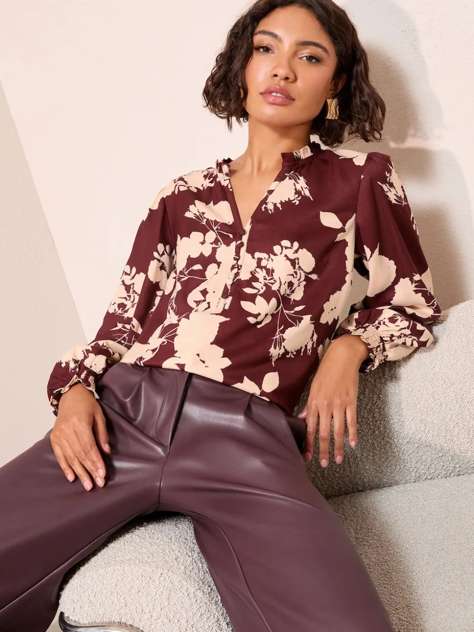 Friends Like These Burgundy Floral Long Sleeve V-Neck Button Front Blouse