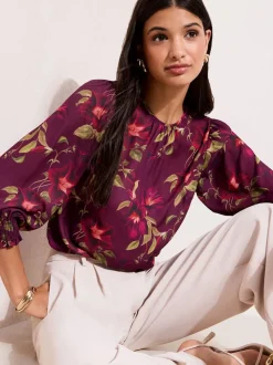 Friends Like These Burgundy Floral 3/4 Sleeve Shirred Cuff Blouse