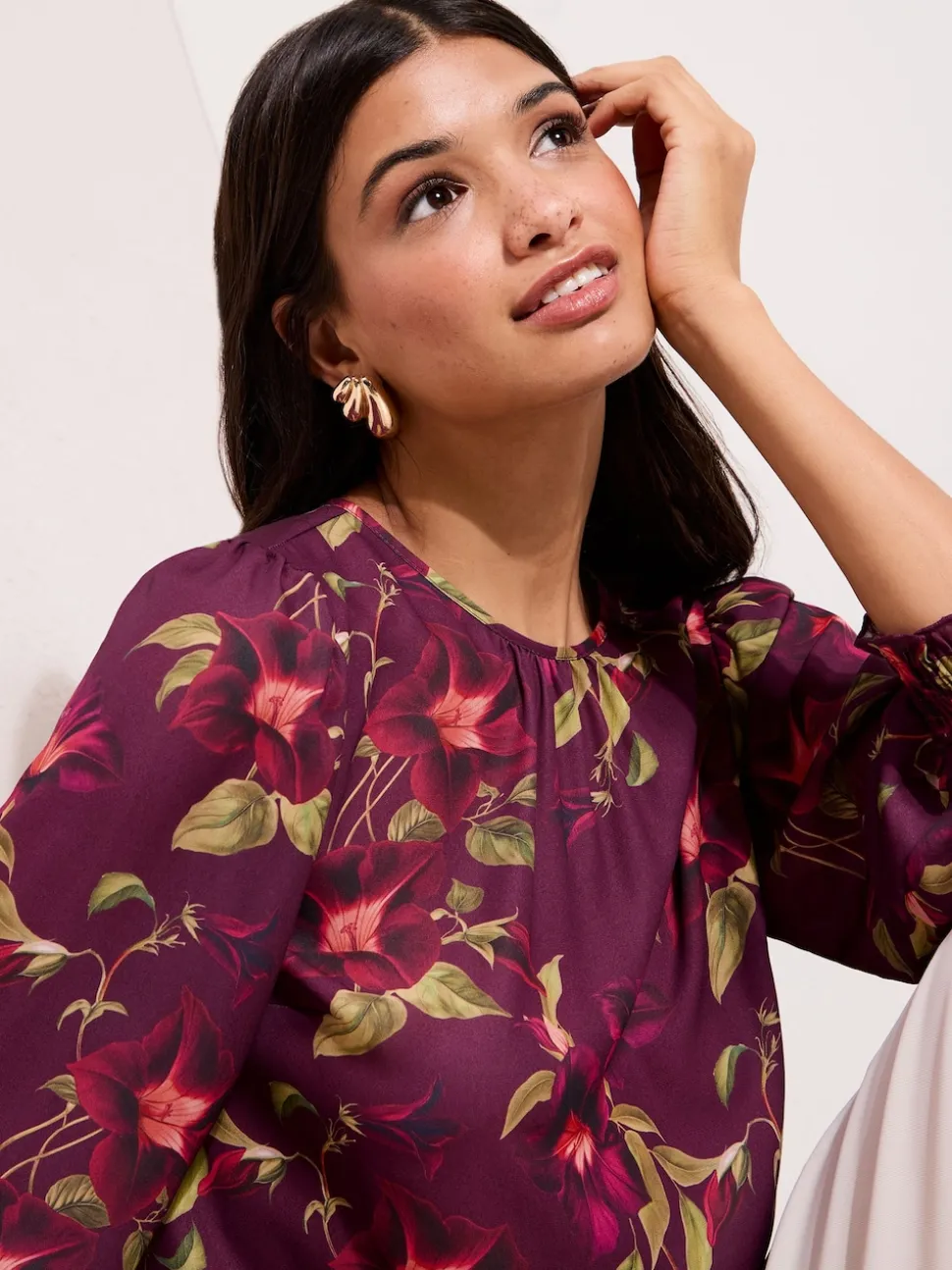 Friends Like These Burgundy Floral 3/4 Sleeve Shirred Cuff Blouse