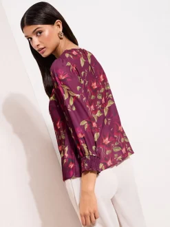 Friends Like These Burgundy Floral 3/4 Sleeve Shirred Cuff Blouse