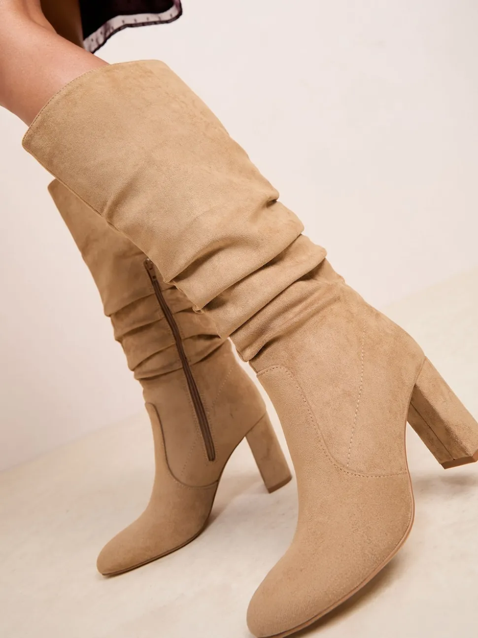 Friends Like These Camel Standard fit Ruched Block Heel Knee High Long Faux Suede Boots