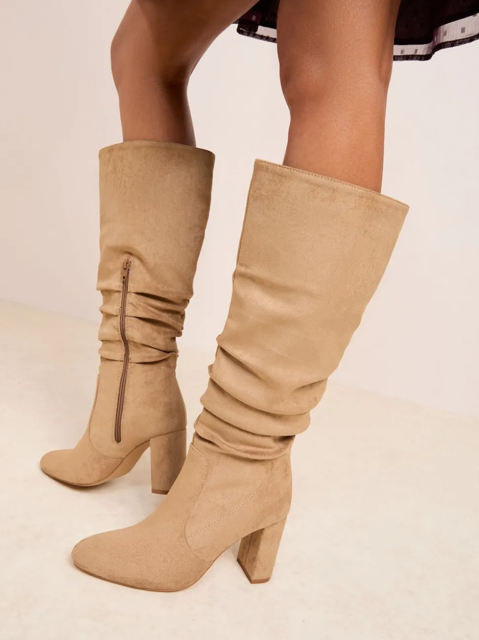 Friends Like These Camel Standard fit Ruched Block Heel Knee High Long Faux Suede Boots