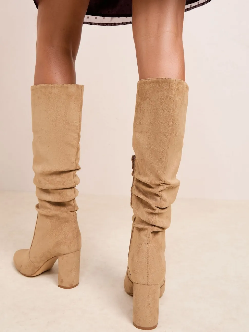 Friends Like These Camel Standard fit Ruched Block Heel Knee High Long Faux Suede Boots