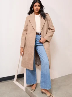 Friends Like These Camel Petite Wrap Belted Boucle Textured Midi Coat