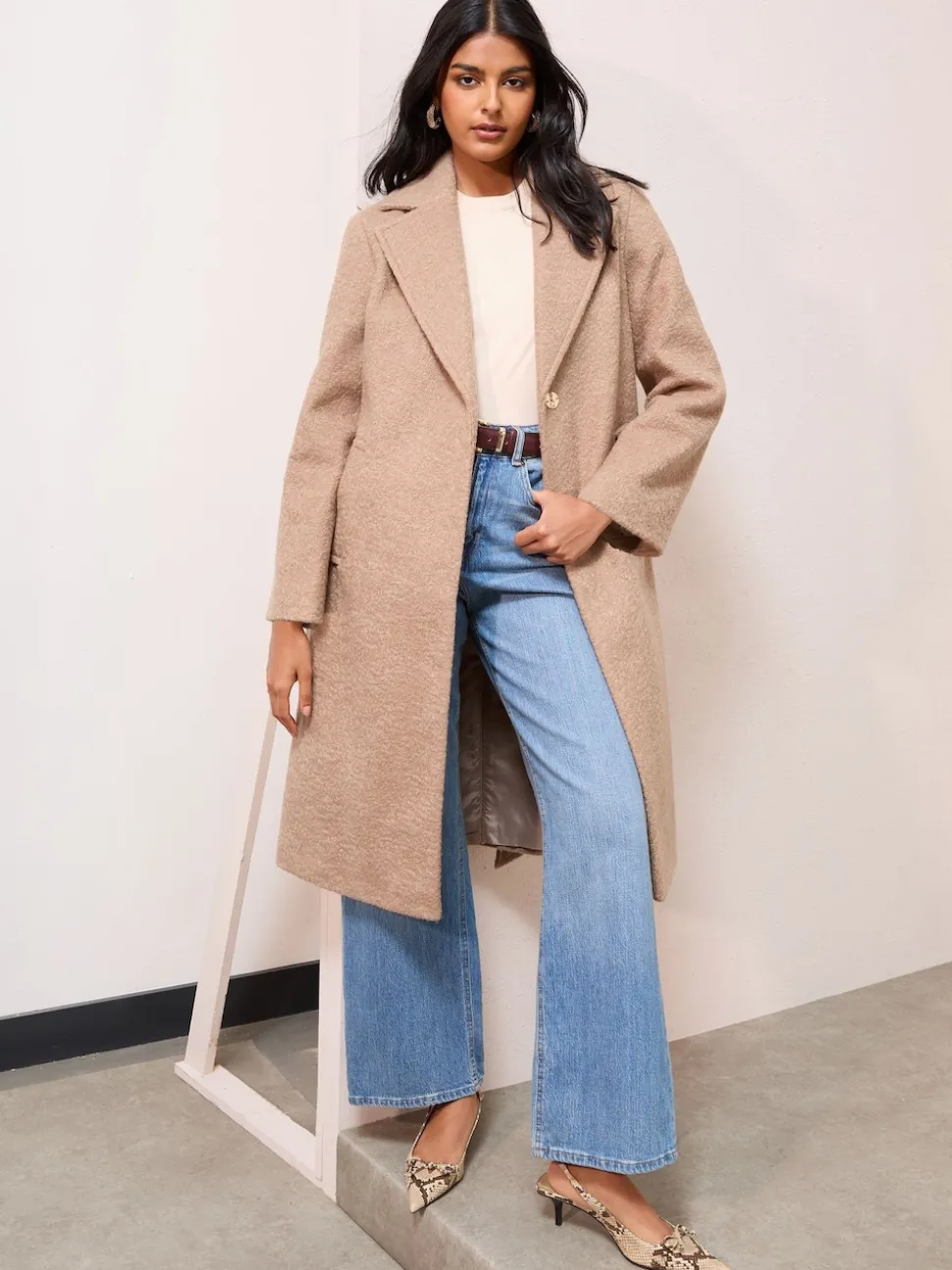 Friends Like These Camel Petite Wrap Belted Boucle Textured Midi Coat