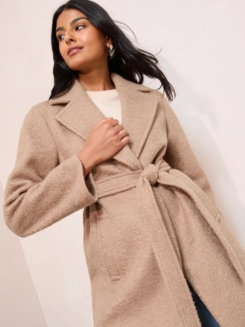Friends Like These Camel Petite Wrap Belted Boucle Textured Midi Coat