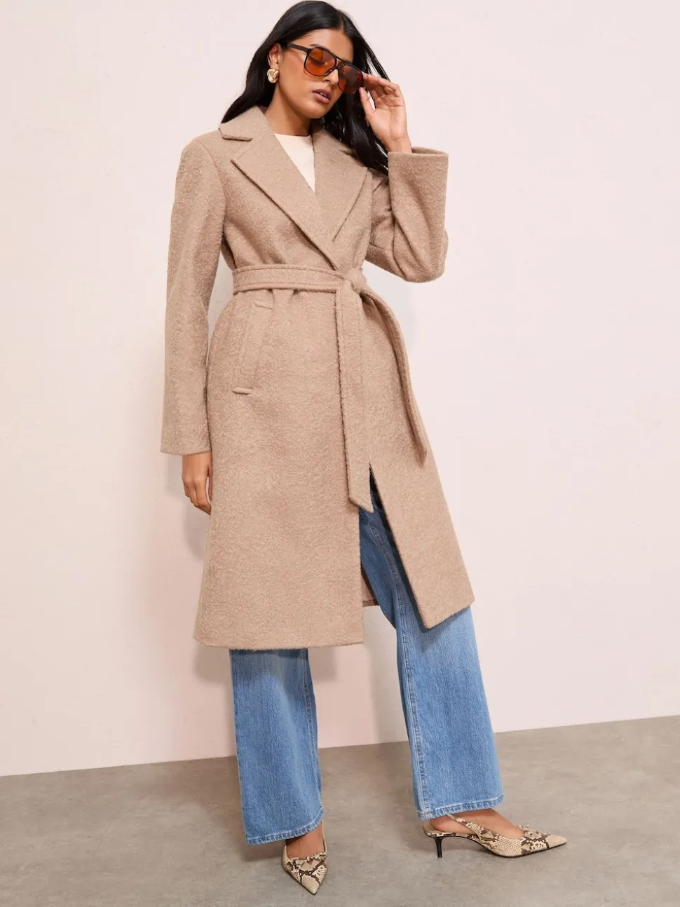 Friends Like These Camel Petite Wrap Belted Boucle Textured Midi Coat