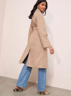 Friends Like These Camel Petite Wrap Belted Boucle Textured Midi Coat
