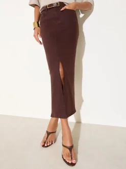 Friends Like These Chocolate Brown Split Front Denim Midi Skirt